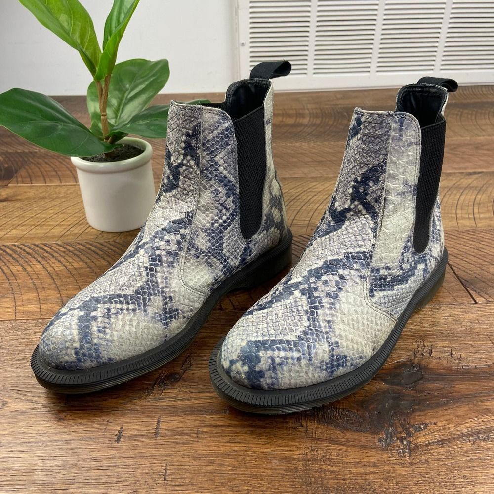 DR MARTENS 7 Flora Chelsea snakeskin grey boots asciano leather round toe pullon
